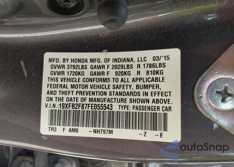 2015 Honda Civic Ex из США, поврежденный, VIN 19XFB2F87FE055543